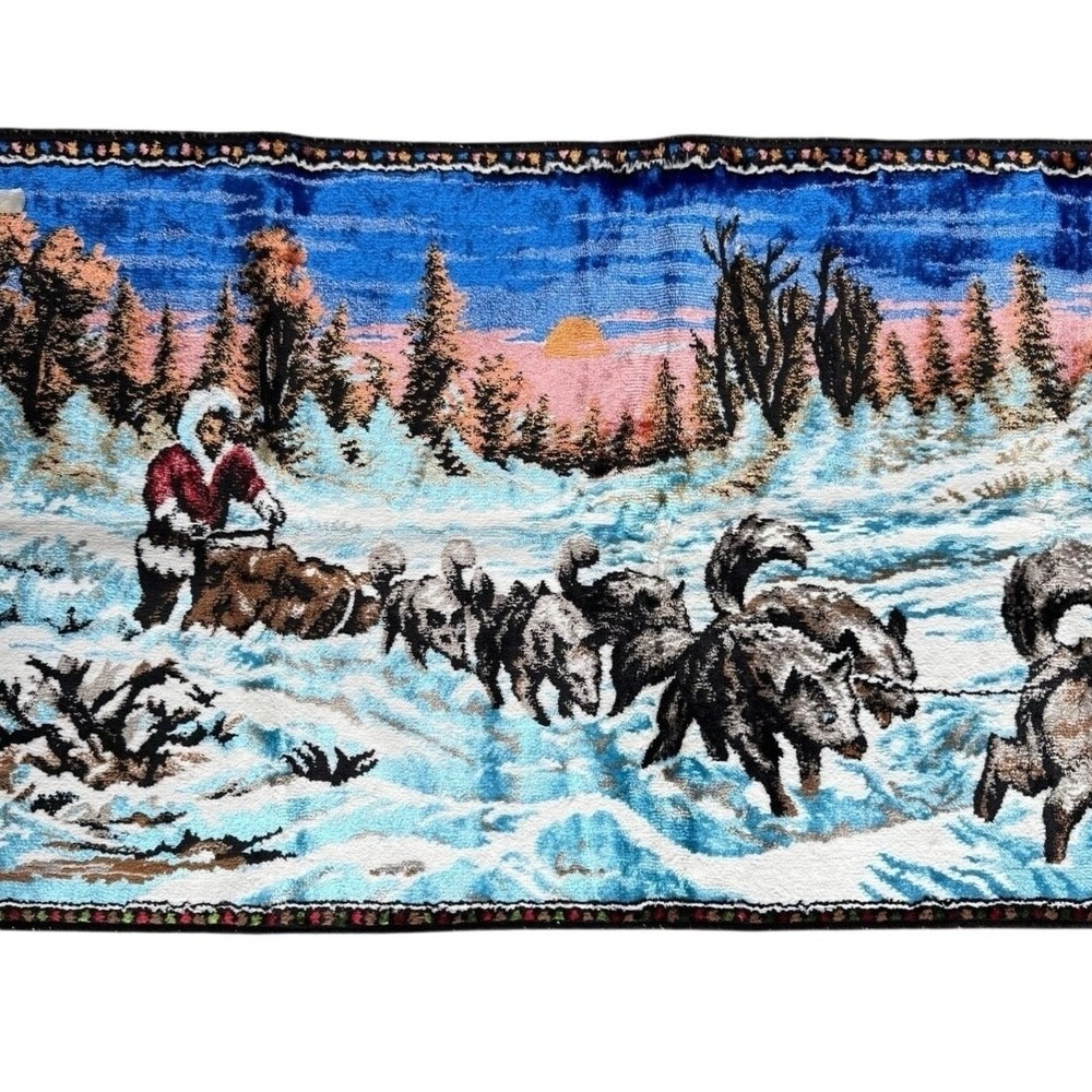 Vintage Mid Century Dogsled Tapestry Rug Husky Winter Scene Wall Hanging Cabin - Picture 3 of 7